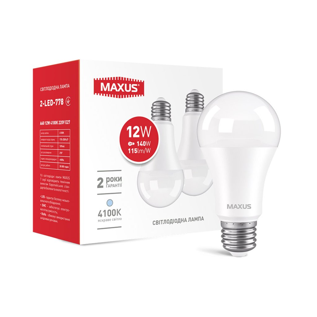 Фото - Лампочка Maxus Лампа LED A60 12W 4100K 220V E27  2-LED-778 (2шт)