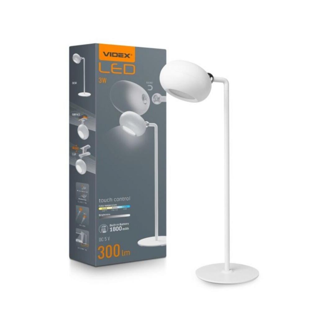 Фото - Настольная лампа Videx Лампа настiльна LED  з акумулятором VLE-TF18B 3W 300LM 5500K Біла (59 