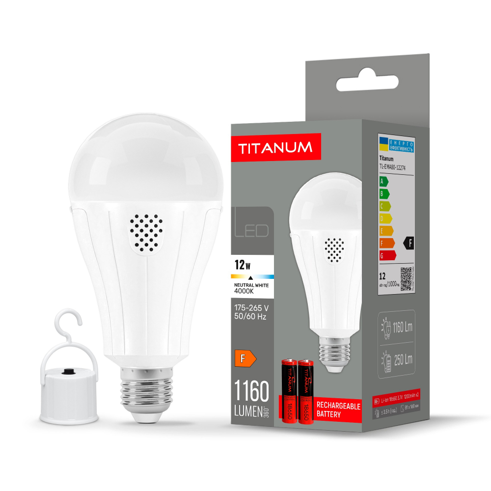 Лампа LED акумуляторна Titanum A80 12W E27 4000K 230V (TL-EMA80-12274)
